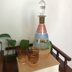Vtg Clear Glass Decanter Set Pastel Enamel Gold Banding MCM